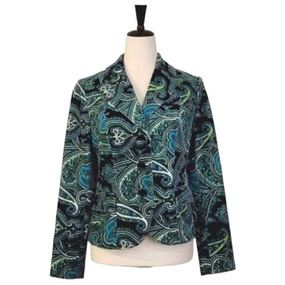Talbots Jackets & Blazers - Talbots Teal Paisley Patterned Velvet Stretch Buttoned Blazer Size 4